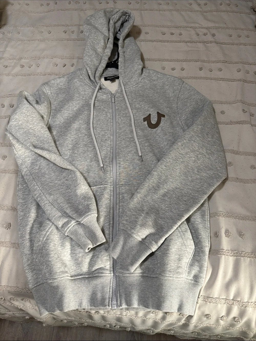 True Religion Men's Light Gray Zip-Up Hoodie with Brown Logo
